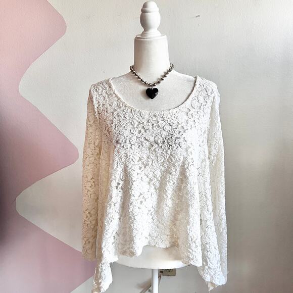White Lace Asymmetrical Top Boho Cottagecore Romantic Ethereal Large - Picture 1 of 7
